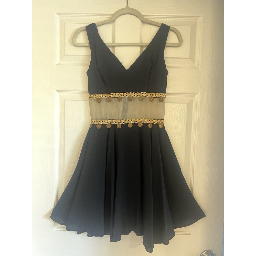 Vtg 60s Black Cocktail Dress XS Gold Coin Trim Mesh Midriff Asymmetrical Hem Mod
